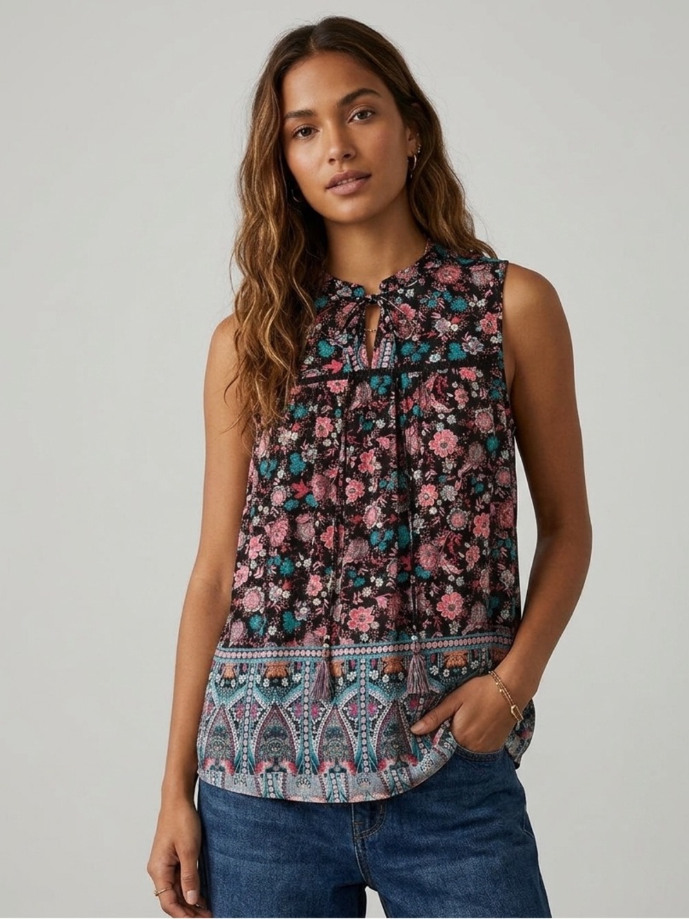 Knox Rose Black Floral Sleeveless Keyhole Camisole with Pink and Teal Accents